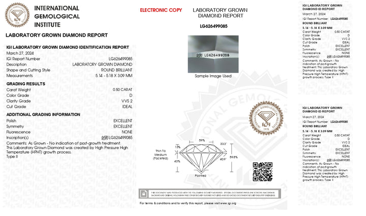 IGI certificeret 0,50 ct rundskåret lab-dyrket diamant | D farve, VVS2 klarhed