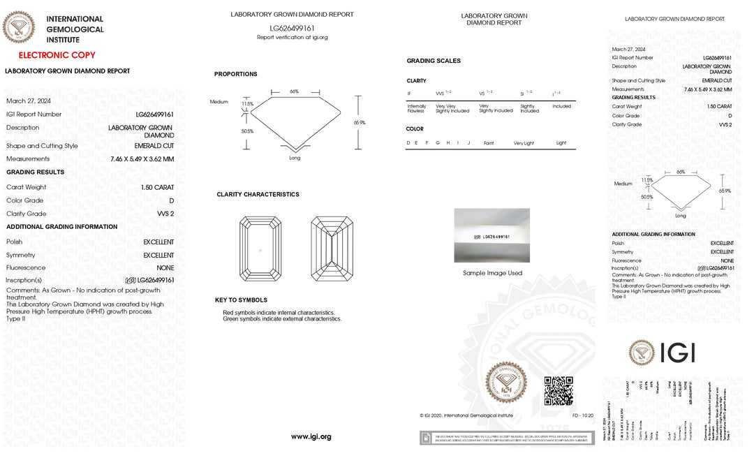 Diamant cultivé en laboratoire certifié IGI de 1,50 CT - Taille émeraude, couleur D, clarté VVS2