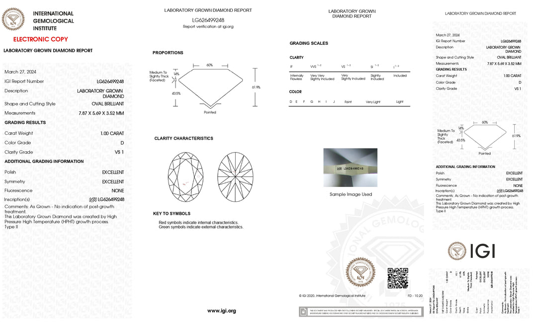 Erlesener 1,00 Karat ovaler, im Labor gezüchteter Diamant – IGI-zertifiziert, Farbe D, Reinheit VS1
