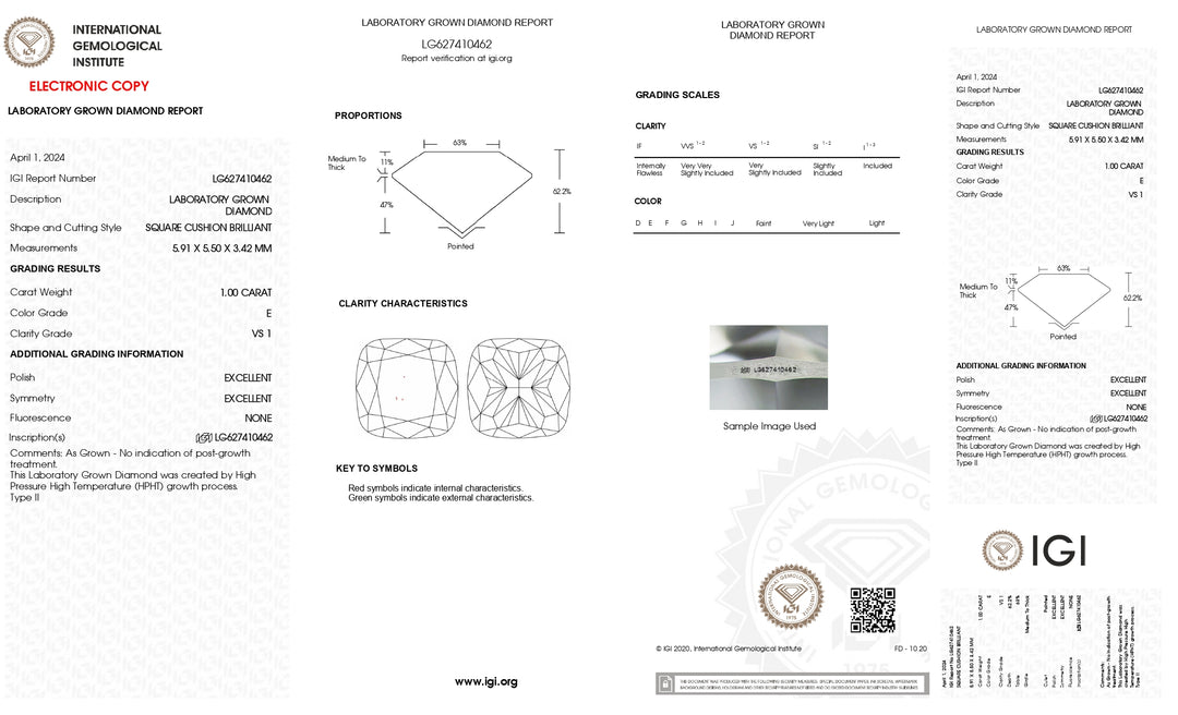 IGI מוסמך 1.00 CT כרית CUT מעבדה שגדלה יהלום: VS1 בהירות, דרגת צבע E