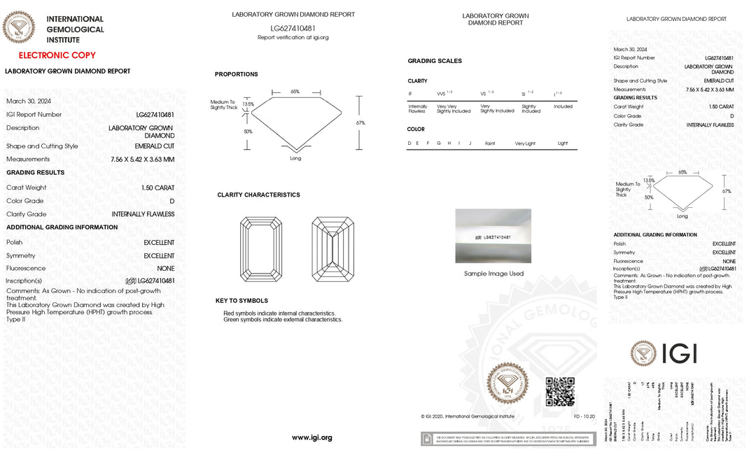 IGI Certified 1.50 CT Lab Grown Diamond - Emerald Cut, D Color, Internally Flawless Clarity