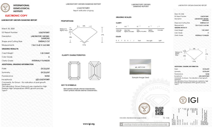 IGI Certified 1.50 CT Lab Grown Diamond - Emerald Cut, D Color, Internally Flawless Clarity