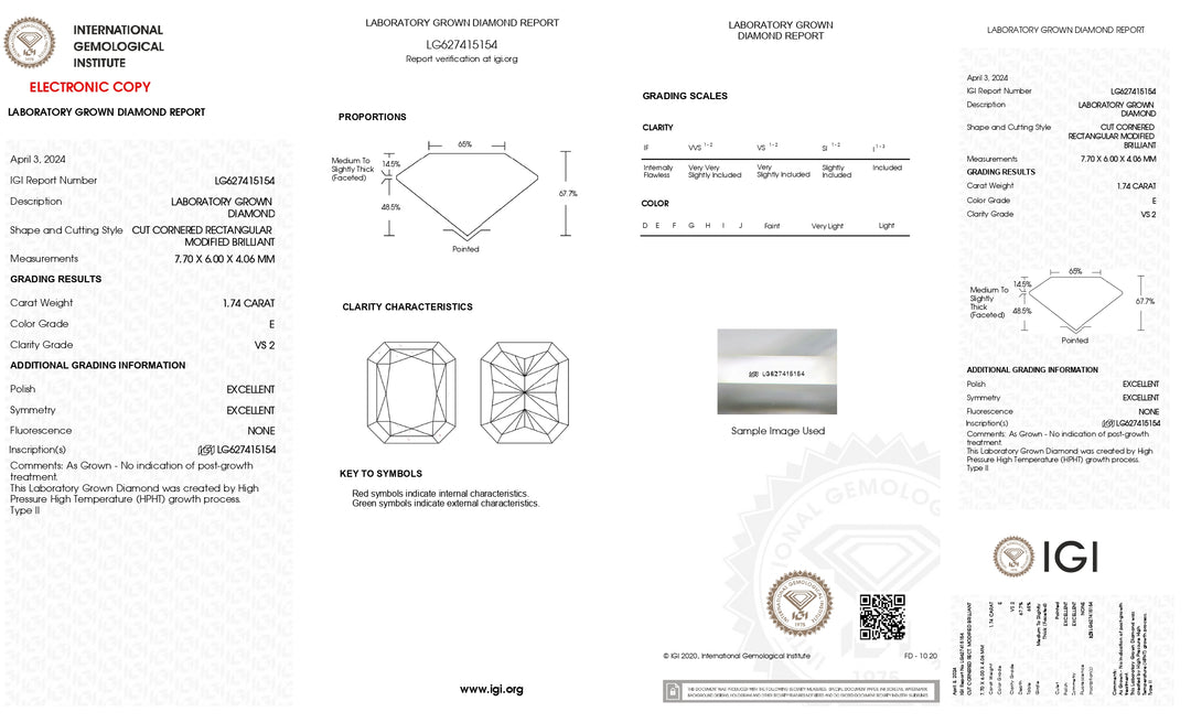 Diamant taille radiant cultivé en laboratoire de 1,74 ct certifié IGI - Couleur E, clarté VS2