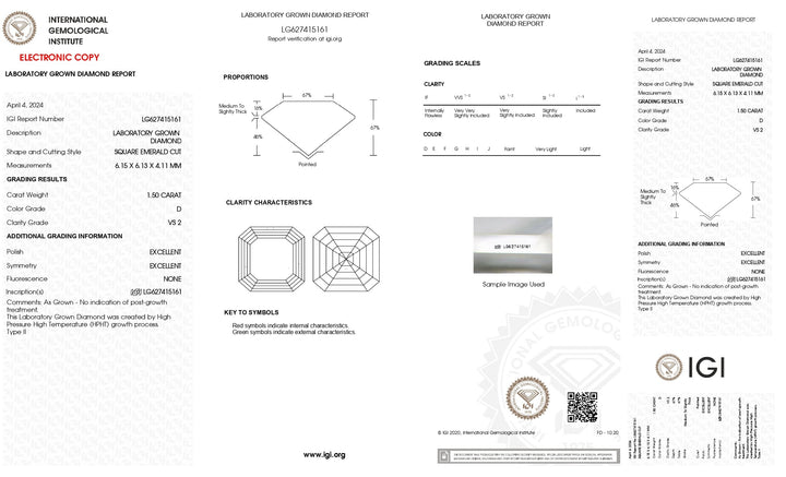 1.50 CT Square Emerald Cut Lab Grown Diamond - IGI Certified, D Color, VS2 Clarity