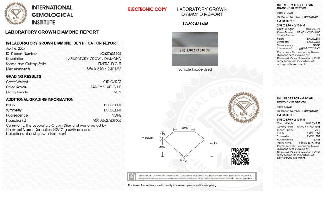 IGI certificeret 0,50 ct smaragdskåret lab -dyrket diamant - VS2 klarhed, fancy levende blå farve