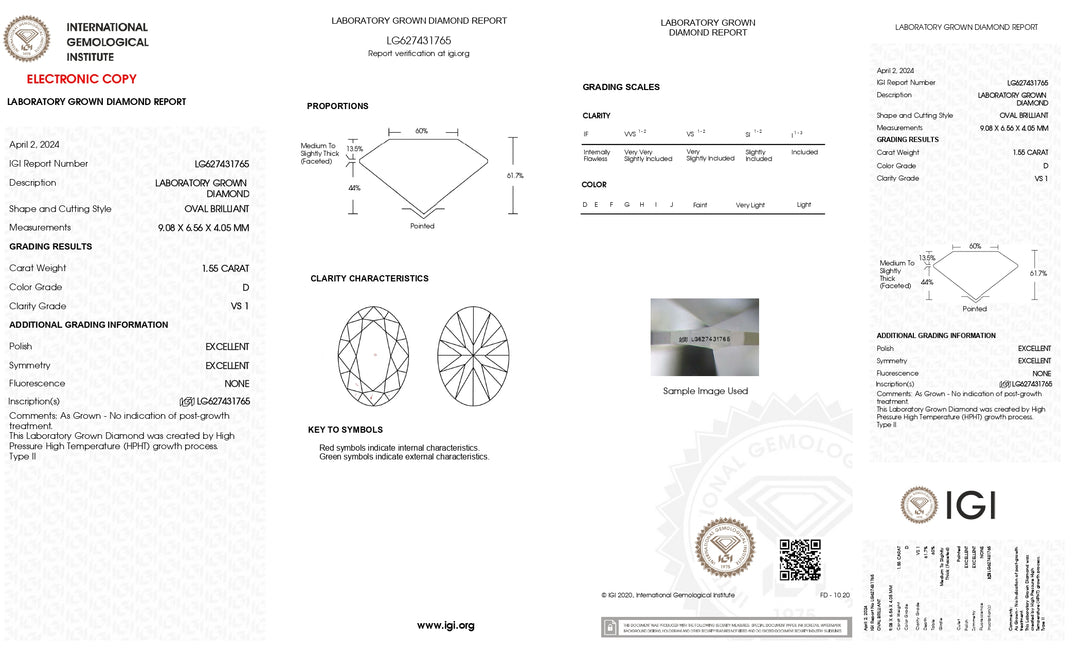 IGI-zertifizierter, ovaler, im Labor gezüchteter Diamant im 1,55-Karat-Format – Farbe D, Reinheit VS1