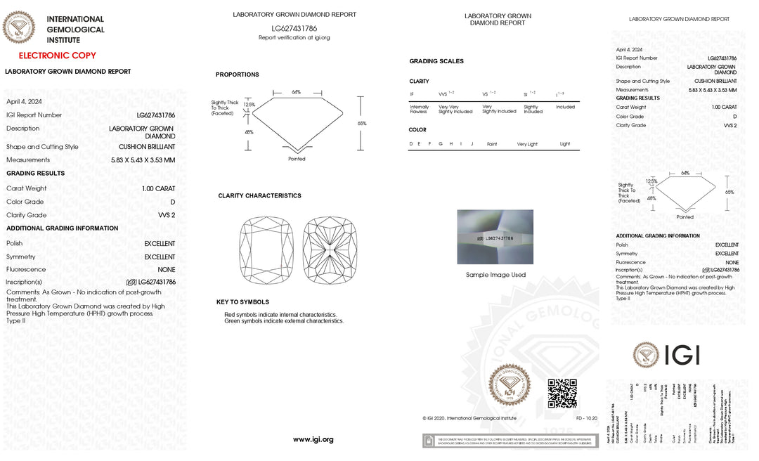 IGI Certified 1.00 CT Cushion Lab Grown Diamond - D Color, VVS2 Clarity