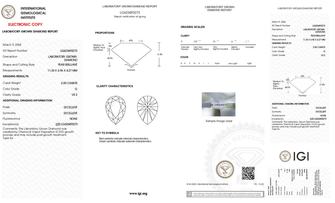 Diamant cultivé en laboratoire certifié IGI 2,00 CT taille poire : qualité de couleur G, clarté VS2