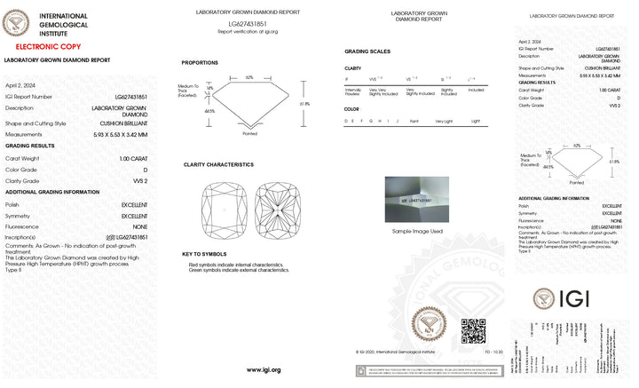 IGI Certified 1.00 CT Cushion Cut Lab Grown Diamond - D Color, VVS2 Clarity