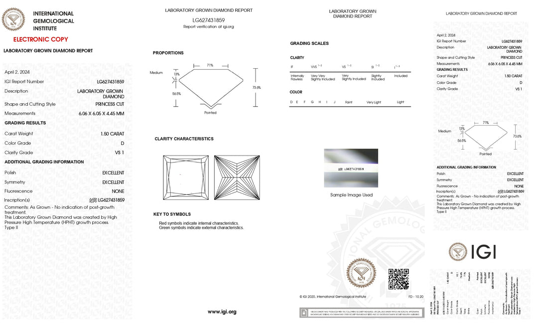 IGI Certified 1.50 CT Princess Cut Lab Grown Diamond - D Color, Brilliant VS1 Clarity