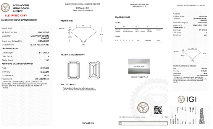 Diamant cultivé en laboratoire certifié IGI 4,11 CT taille émeraude - couleur E, clarté VS1