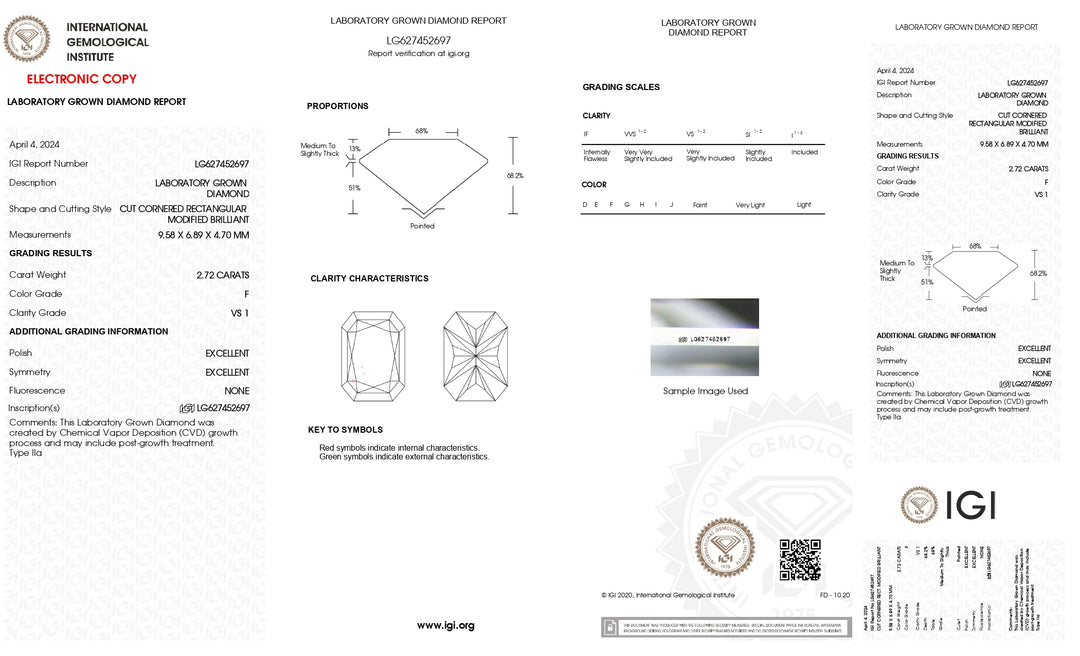 IGI-zertifizierter 2,72 Karat schwerer, im Radiantschliff gefertigter Labordiamant, Reinheit VS1, Farbe F