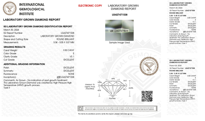 IGI certificeret 0,50 ct rundskåret lab-dyrket diamant | D farve, VS1 klarhed