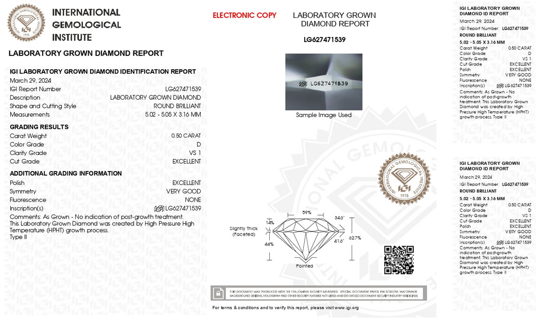 IGI certifikováno 0,50 CT ROUND CUT LAB-pěstovaný diamant | D Barva, vs1 jasnost