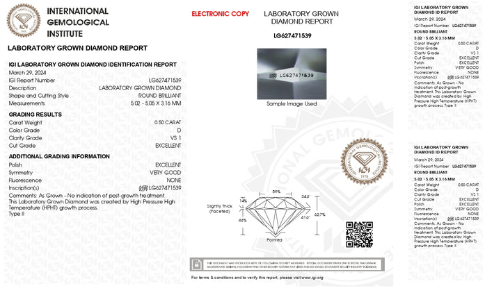 IGI certifikováno 0,50 CT ROUND CUT LAB-pěstovaný diamant | D Barva, vs1 jasnost