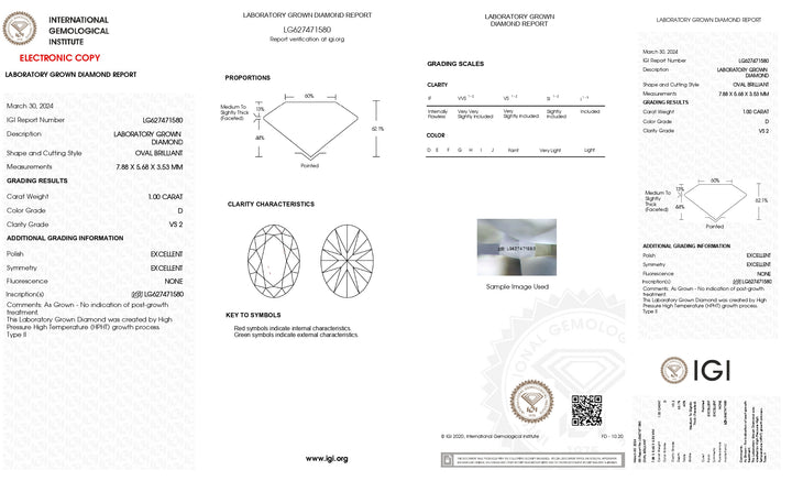 Elegante IGI certificato 1,00 ct Lab ovale coltivato diamante - D Colore, VS2 CLARITY |