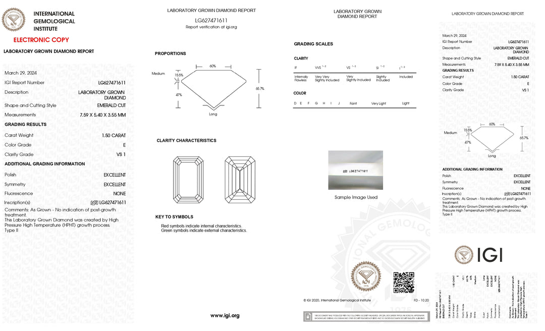IGI Certified 1.50 CT Lab Grown Diamond - Emerald Cut, E Color, VS1 Clarity