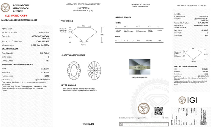 Exquisite 1.50 CT Oval Cut Lab-Grown Diamond, IGI Certified, VS2 Clarity, E Color