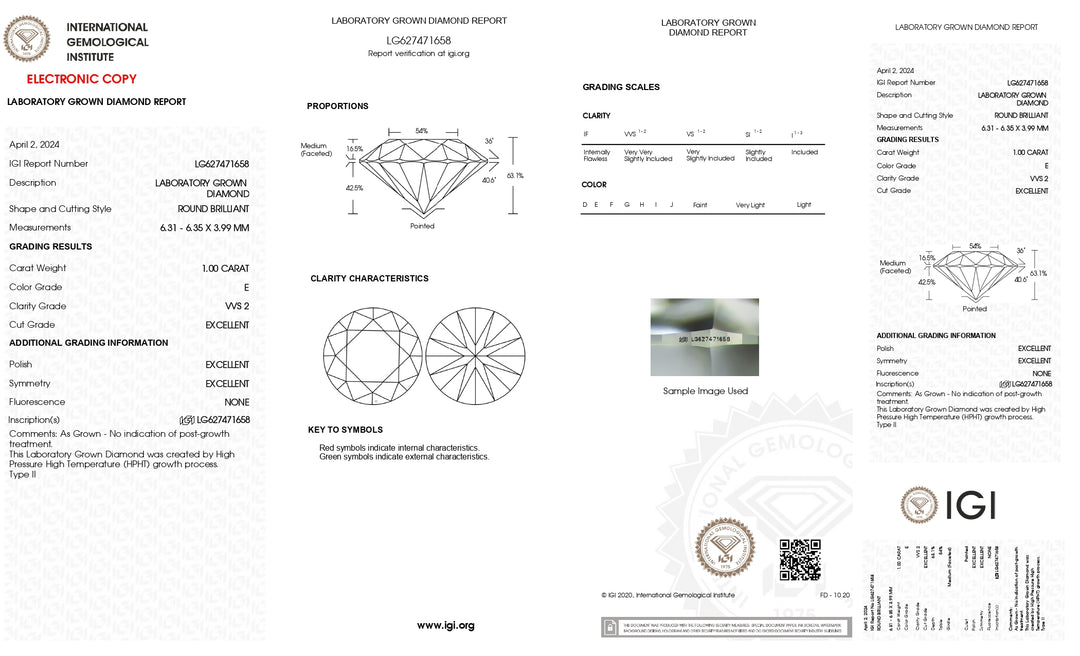 IGI Sertifikalı 1.00 CT Yuvarlak Kesim Laboratuvarı Grown Diamond - VVS2 Clarity, E Renk