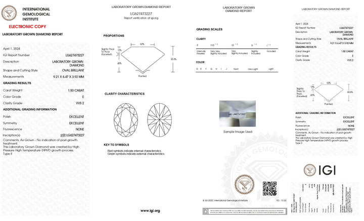 Diamant cultivé en laboratoire HPHT ovale 1,50 CT certifié IGI : couleur E, clarté VVS2