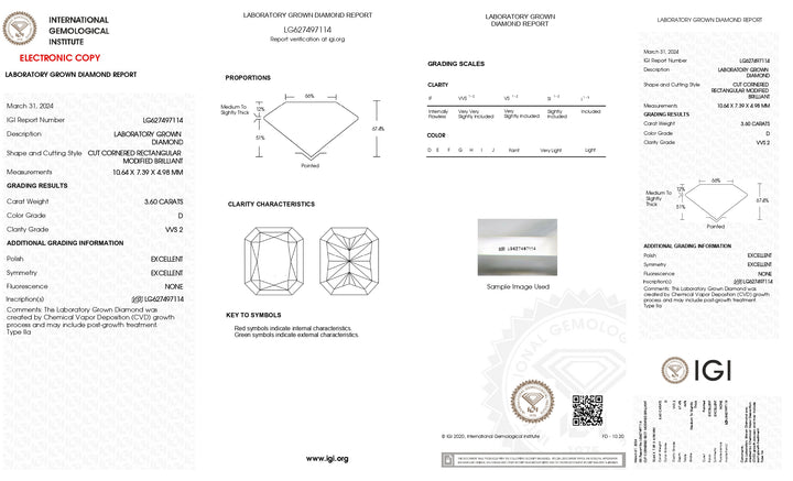 IGI Certified 3.60 CT Radiant Cut Lab Grown Diamond - VVS2 Clarity, D Color