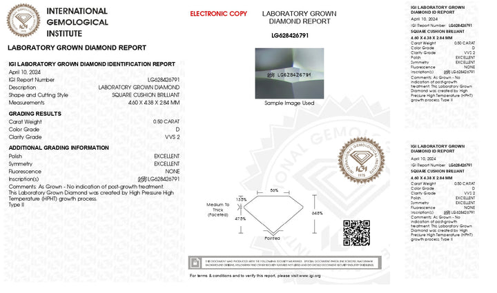 IGI Sertifikalı 0.50 CT Yastık Kesme Laboratuvarı Grown Diamond - D Renk, VVS2 Clarity