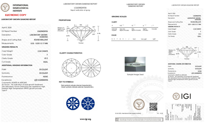 IGI Certified 2.24 CT Round Cut Lab Grown Diamond - VS2 Clarity, F Color, Excellent Cut