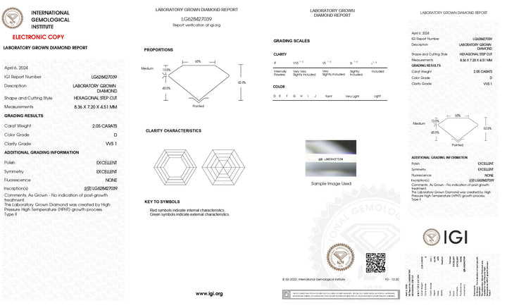 Diamant hexagonal cultivé en laboratoire certifié IGI 2,05 CT HPHT - Couleur VVS1 D