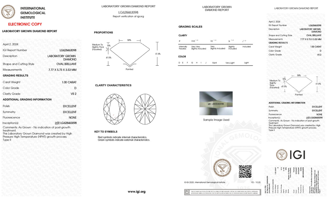 IGI Certified 1.00 CT Oval Lab Grown Diamond - D Color, VS2 Clarity