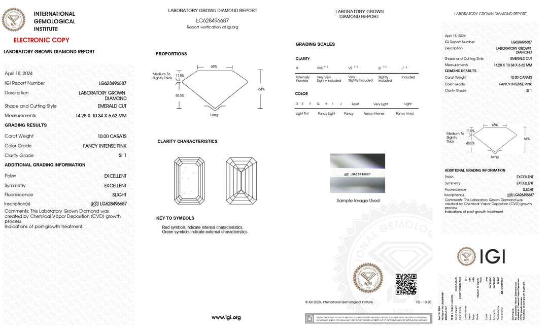 IGI сертифікований 10.00 Ct Emerald Cut Lab -вирощений діамант - вигадливий інтенсивний рожевий колір, SI1 Clarity