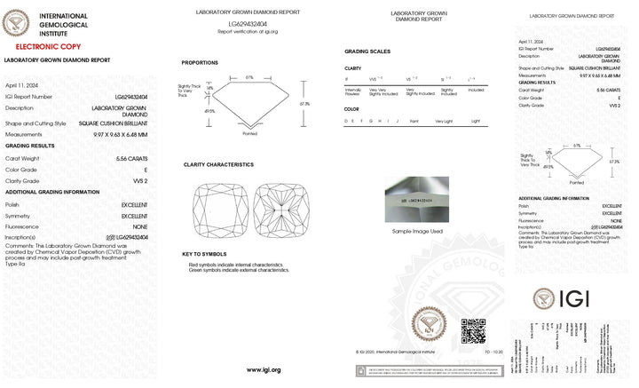 IGI Certified 5.56 CT Cushion Cut Lab-Grown Diamond - VVS2, E Color