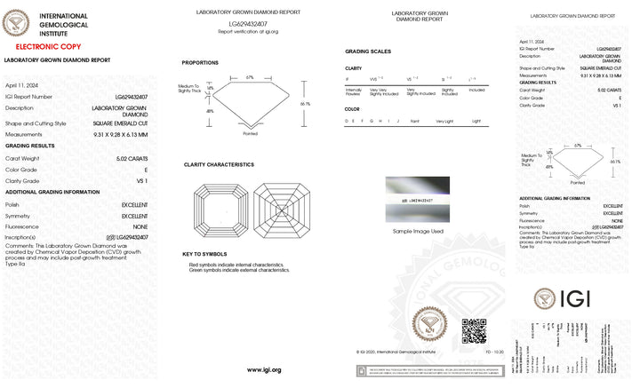 Diamant cultivé en laboratoire, taille émeraude carrée, certifié IGI, 5,02 ct (couleur VS1, E)