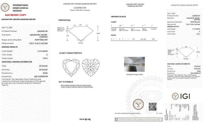 Diamant cultivé en laboratoire, taille cœur, 3,10 ct, certifié IGI, couleur D, clarté VVS2