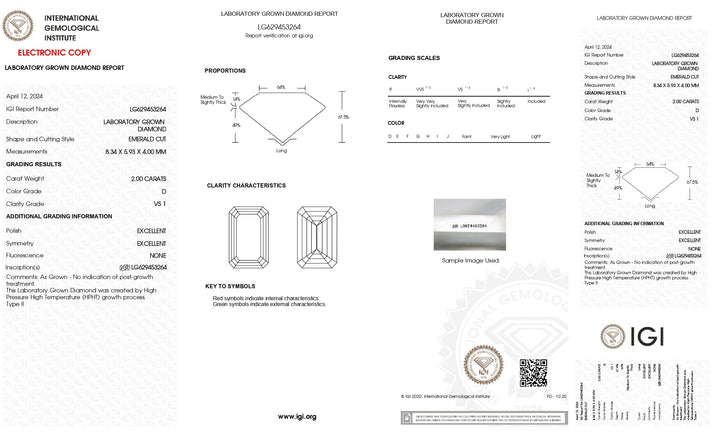 IGI-zertifizierter, im Labor gezüchteter Diamant im Smaragdschliff, 2,00 Karat, Farbe D, VS1