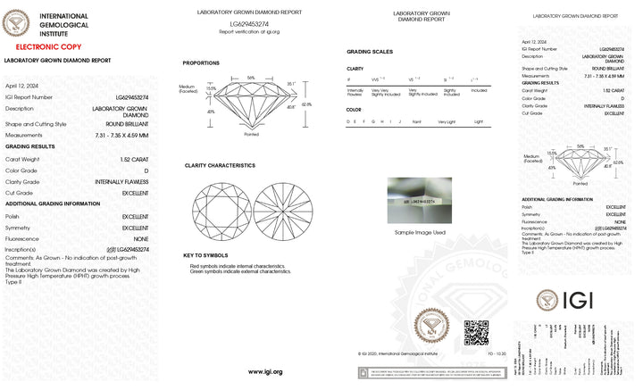 IGI-zertifizierter 1,52-karätiger, im Labor gezüchteter Diamant im Rundschliff – Reinheit IF, Farbe D
