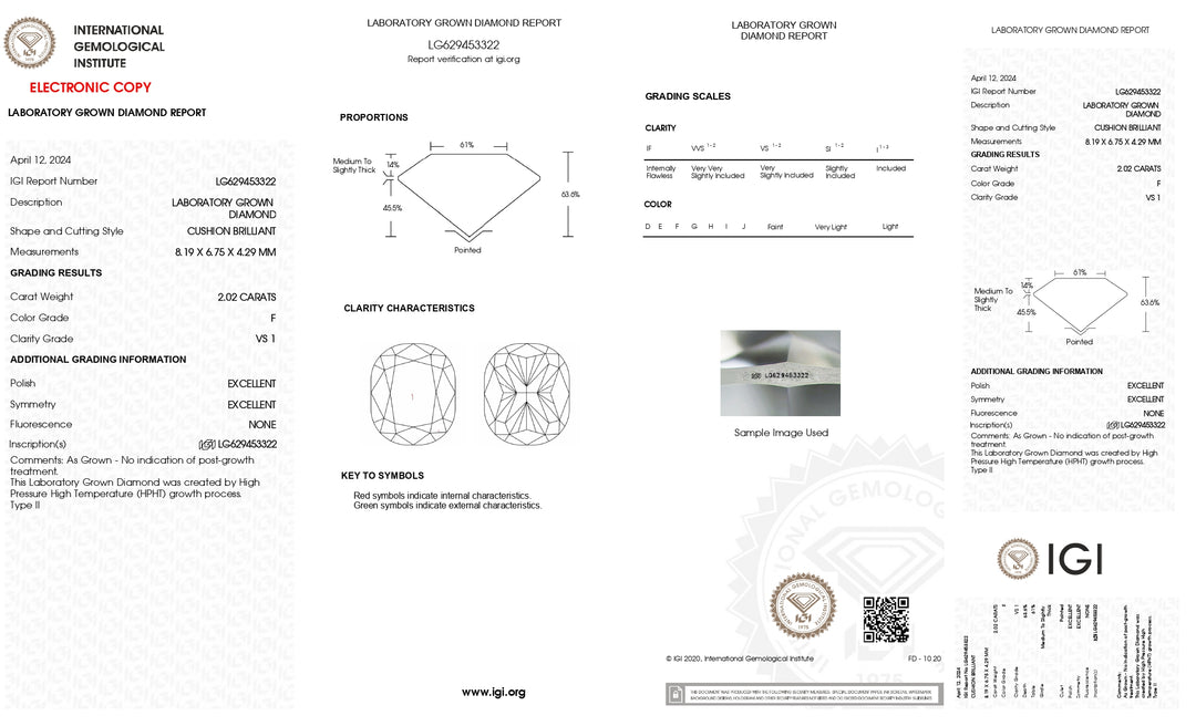 IGI Certified 2.02 CT HPHT Long Cushion Cut Lab Grown Diamond - F Color, VS1 Clarity