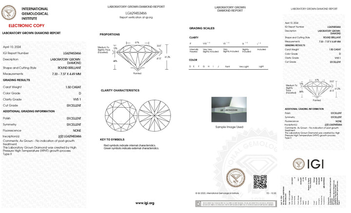 Elegance Defined: IGI Certified 1.50 CT Round Lab Grown Diamond - VVS1 Clarity, D Color