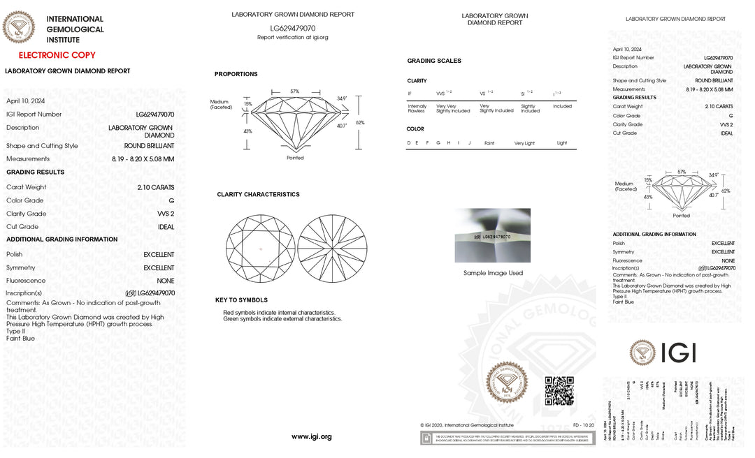 2.10 CT Round Cut Lab-Grown Diamond - IGI Certified, VVS2 Clarity, G Color