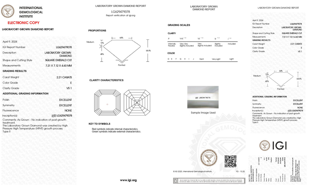 IGI Certified 2.21 CT Square Emerald Cut Lab-Grown Diamond - VS1 Clarity, E Color