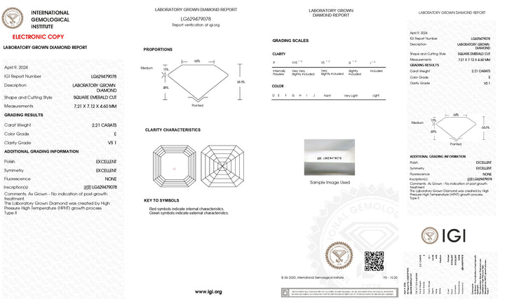 IGI-zertifizierter, im Labor gezüchteter Diamant im quadratischen Smaragdschliff von 2,21 Karat – Reinheit VS1, Farbe E