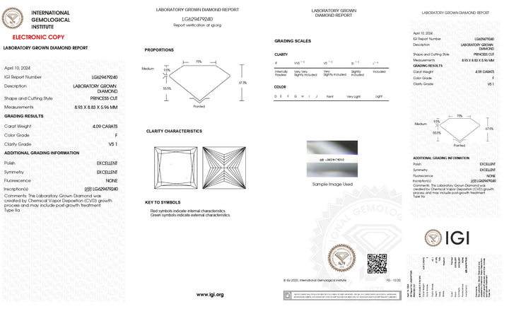 Diamant cultivé en laboratoire, taille princesse, certifié IGI, 4,09 ct, clarté VS1, couleur F 