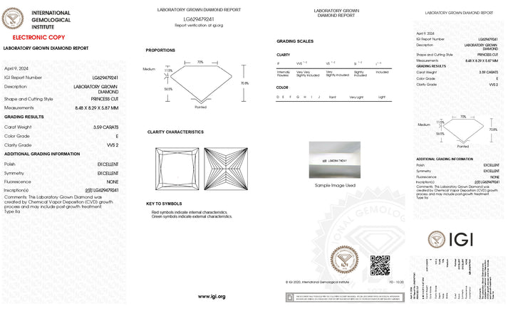 IGI Certified 3.59 CT Princess Cut Lab-Grown Diamond - VVS2 Clarity, E Color