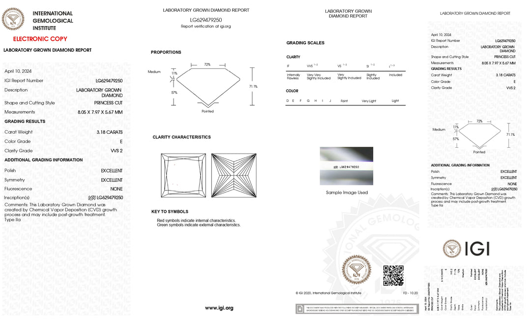 Exquisite IGI Certified 3.18 CT Princess Cut Lab Grown Diamond - VVS2 Clarity, Color Grade E