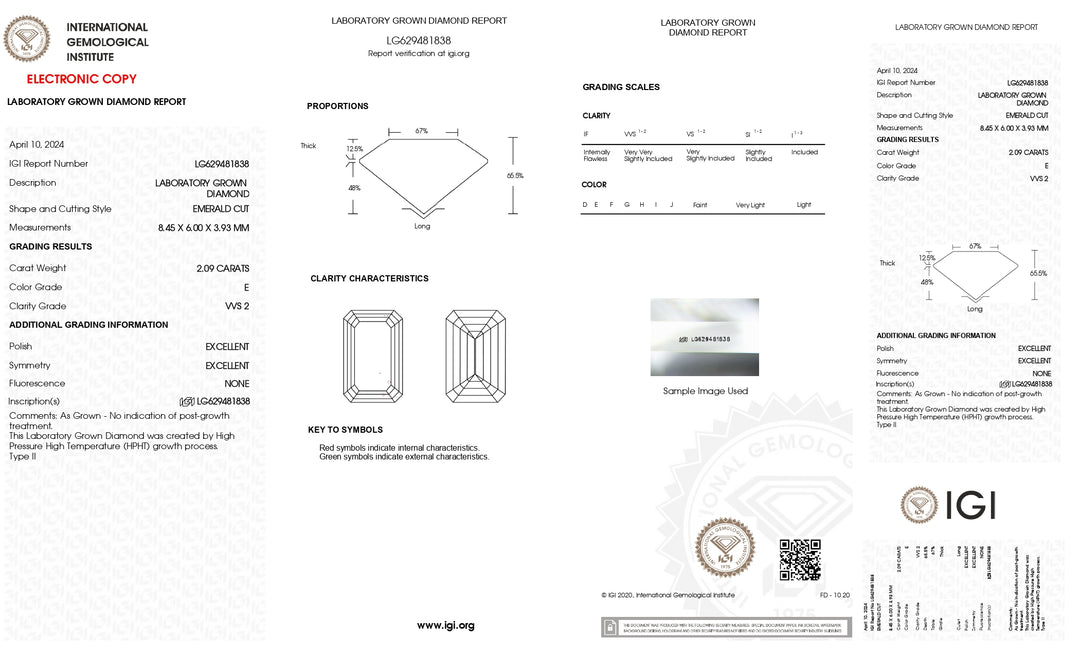 IGI-zertifizierter 2,09 Karat schwerer, im Labor gezüchteter Diamant | Smaragdschliff | VVS2-Klarheit | Farbe E
