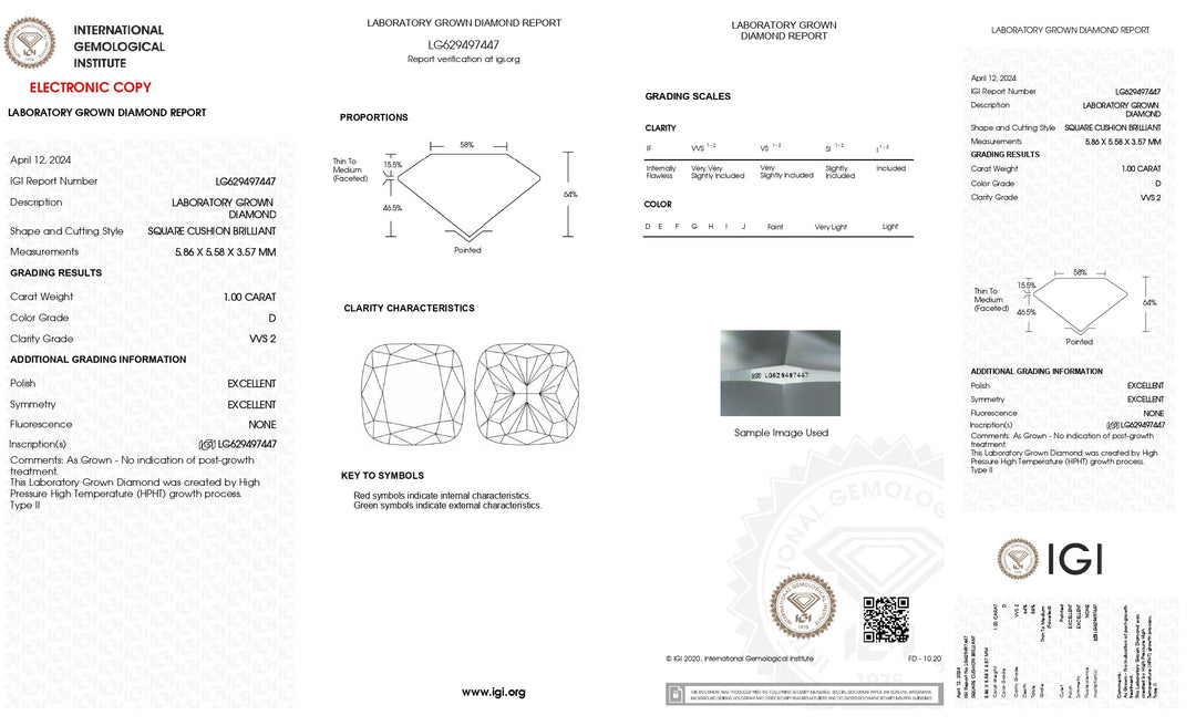 IGI-zertifizierter 1,00 Karat schwerer, im Kissenschliff gefertigter Labordiamant – Farbe D, Reinheit VVS2