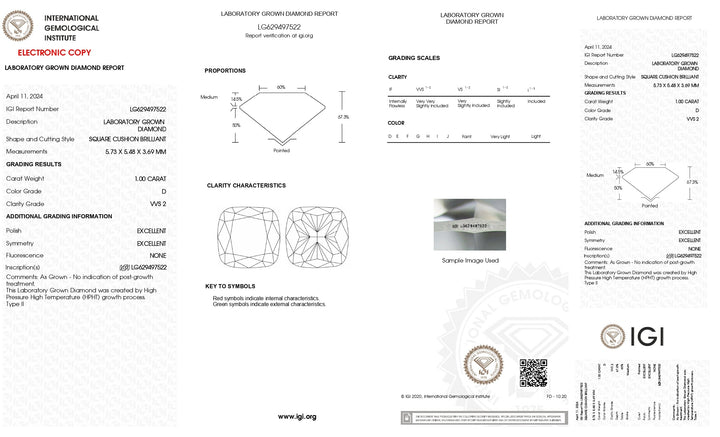 Eleganter 1,00 Karat schwerer, im Kissenschliff gefertigter Diamant aus Laborzucht – IGI-zertifiziert, VVS2-Klarheit, Farbe D