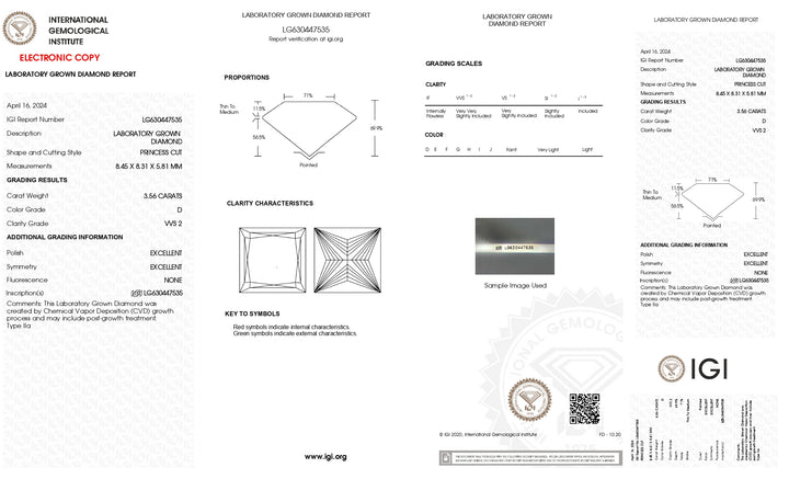 IGI Certified 3.56 CT Princess Cut Lab-Grown Diamond - VVS2 Clarity, D Color