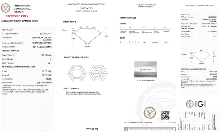 IGI Certified 2.10 CT Lab Grown Diamond, Hexagonal Cut, F Color, VS1 Clarity