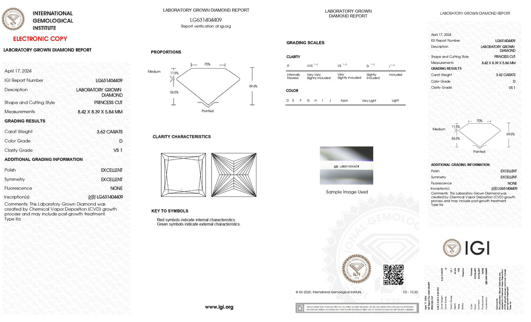 IGI-zertifizierter, im Labor gezüchteter Diamant im Prinzessschliff von 3,62 Karat – Reinheit VS1, Farbe D