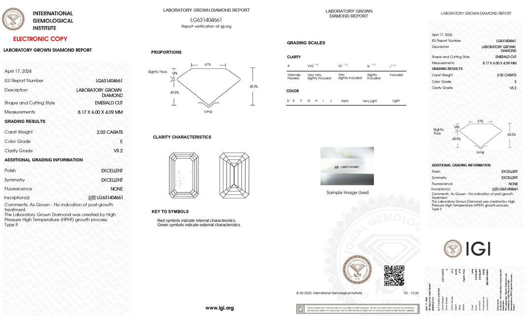 IGI Certified 2.02 CT Emerald Cut Lab Grown Diamond - E Color, VS2 Clarity